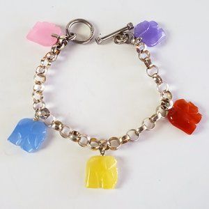Vintage Multi Color Jade Charms Sterling Silver Toggle Bracelet Elephants